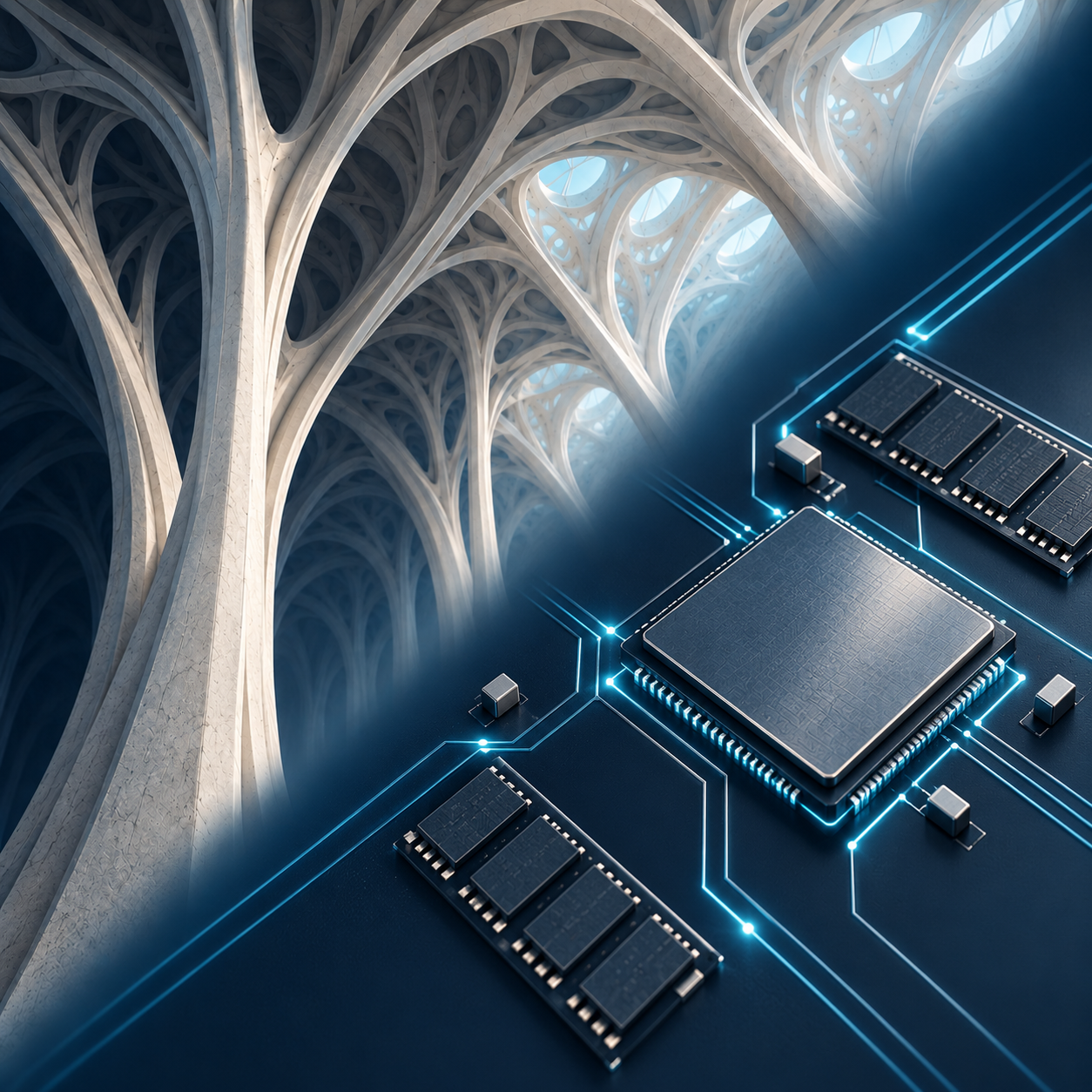 Square composition with organic stone vaults in the upper-left half and computer architecture in the lower-right half, joined by a softly blurred diagonal boundary